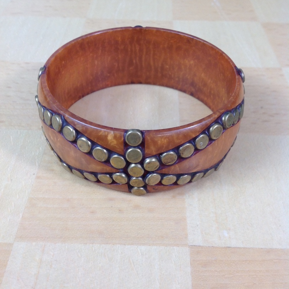Vintage Brass Studded Lucite Bangle Cuff